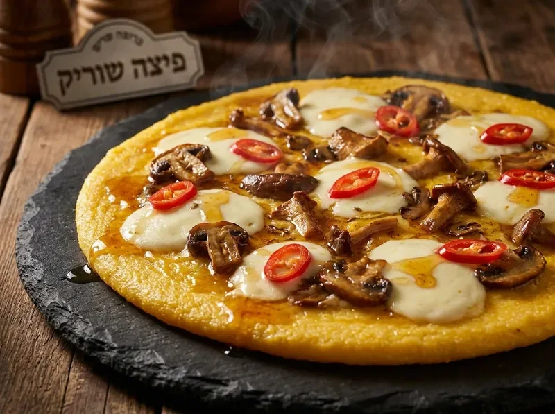 פיצה פולנטה עם ממרח תירס, מוצרלה, פטריות, פלפל חריף, דבש ושמן כמון
